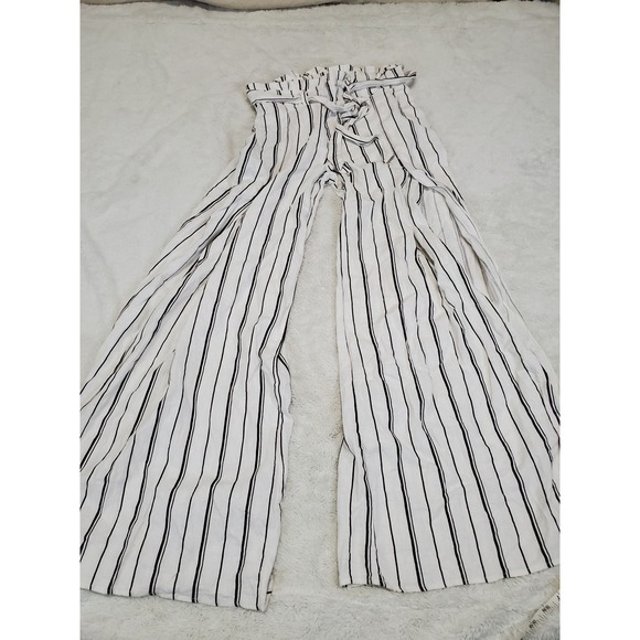 Sincerely Jules Pants - White Black Striped Linen Blend High Slit Wide Leg Pants Small Casual Classic